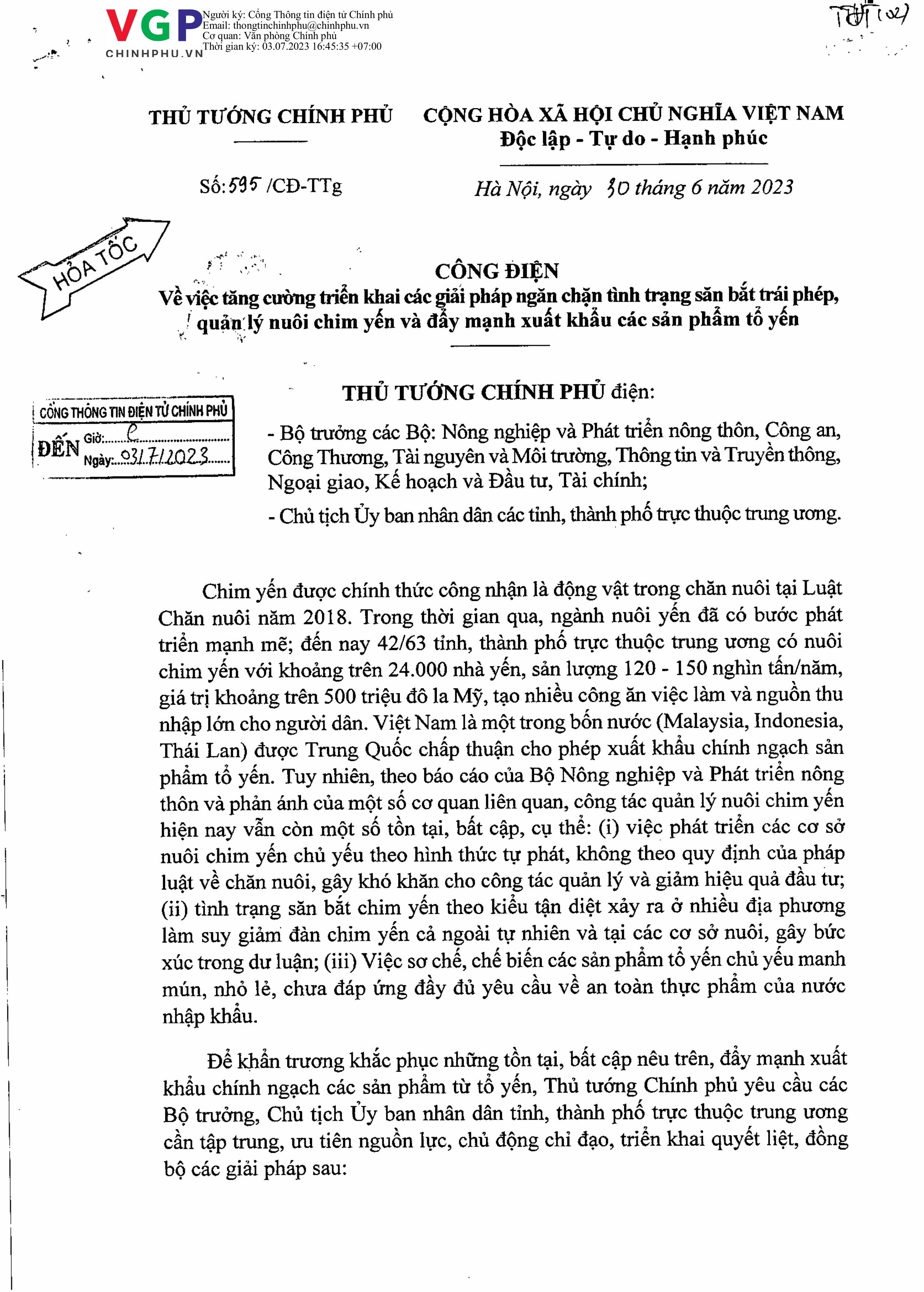 Công điện về việc tăng cường triển khai các giải pháp ngăn chặn tình trạng săn bắt trái phép, quản lý nuôi chim yến và đẩy mạnh xuất khẩu các sản phẩm tổ yến